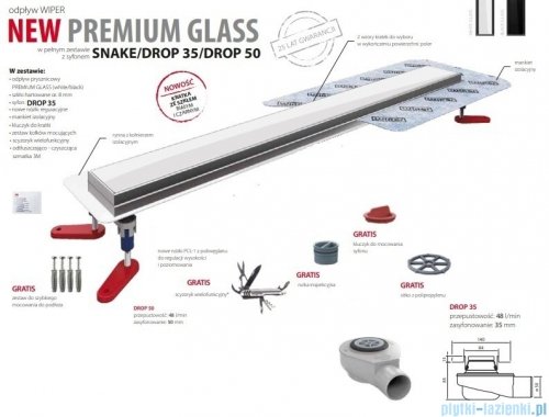 Wiper New Premium White Glass Odpływ liniowy z kołnierzem 100 cm syfon drop 35 poler 500.0381.01.100