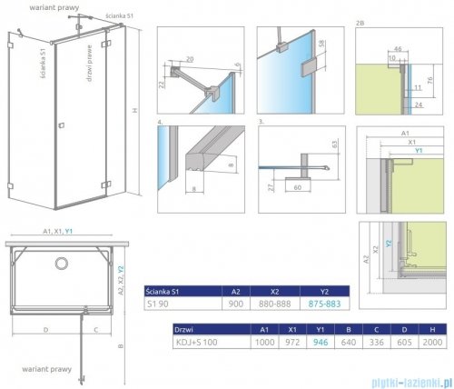Radaway Essenza Pro Brushed Nickel Kdj+S kabina 90x100x90cm prawa szczotkowany nikiel 10097310-91-01R/10098090-01-01/10098090-01-01
