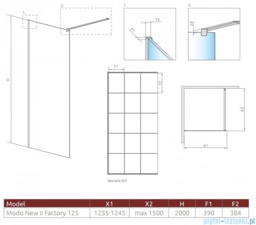 Radaway Modo X Black II Factory kabina Walk-in 125x200 szkło 10mm 389325-54-55