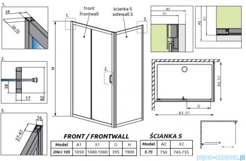 Radaway Premium Plus DWJ+S kabina prysznicowa 105x75cm szkło przejrzyste 33305-01-01N/33402-01-01N