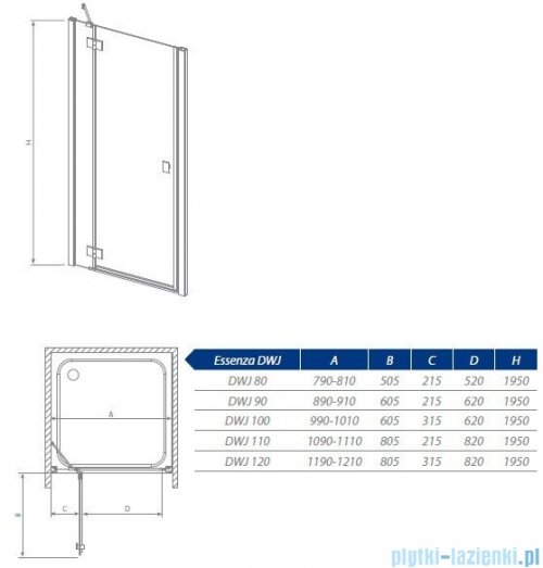 Radaway Drzwi prysznicowe Essenza DWJ 110 lewe szkło przejrzyste 32733-01-01NL