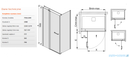 Sanplast kabina narożna prostokątna KNDJ2/PRIII-75x120 75x120x198 cm przejrzyste 600-073-0250-38-401