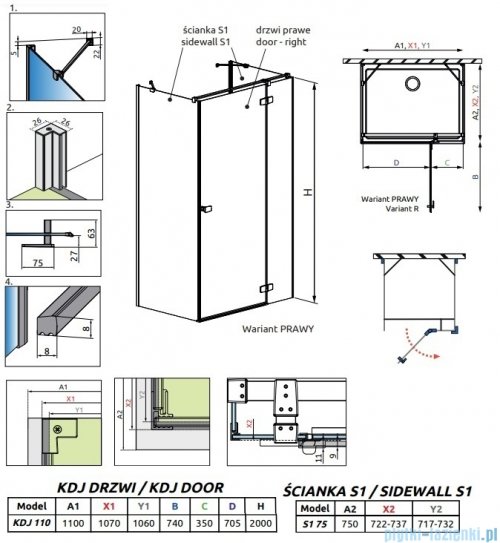 Radaway Fuenta Kdj+S kabina 75x110x75cm prawa chrom połysk szkło przejrzyste 1384049-01-01/1384023-01-01R/1384049-01-01