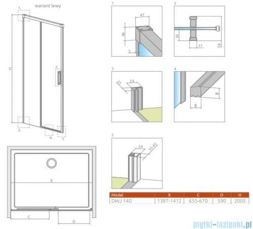 Radaway Idea DWJ Brushed Nickel drzwi wnękowe 140cm lewe szczotkowany nikiel 387018-91-01L
