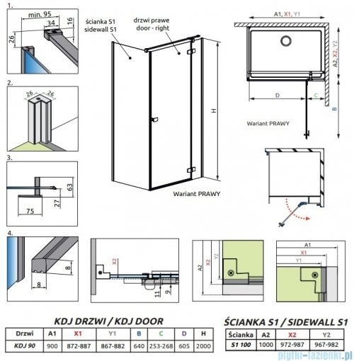 Radaway Fuenta Kdj kabina 90x100cm prawa chrom połysk szkło przejrzyste 1384044-01-01R/1384052-01-01