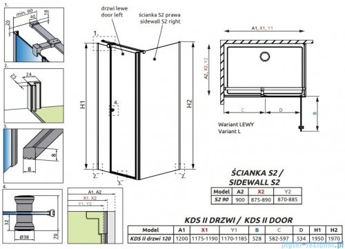 Radaway Eos KDS II kabina prysznicowa 120x90 lewa przejrzyste 13799484-01L/13799431-01