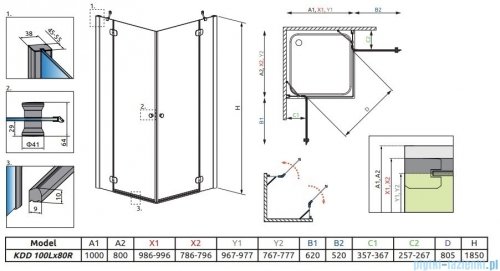 Radaway Torrenta Kdd Kabina prysznicowa 100x80 szkło grafitowe + brodzik Doros D + syfon 32273-01-05NL