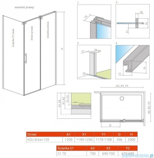 Radaway Espera KDJ Kabina 120x70 prawa szkło przejrzyste 380595-01R/380232-01R/380147-01L
