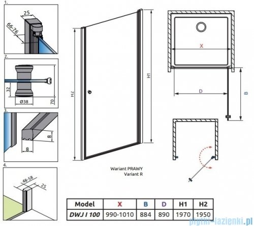 Radaway Eos DWJ I drzwi prysznicowe 100 prawe przejrzyste 137923-01-01R