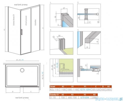 Radaway Idea 8 Kdj kabina 110x70cm prawa szkło przejrzyste 10340570-01-01R/10350503-01-01/10360070-01-01L