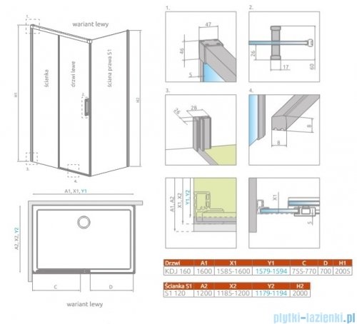 Radaway Idea 8 Kdj kabina 160x120cm lewa szkło przejrzyste 10340820-01-01L/10350753-01-01/10360120-01-01R