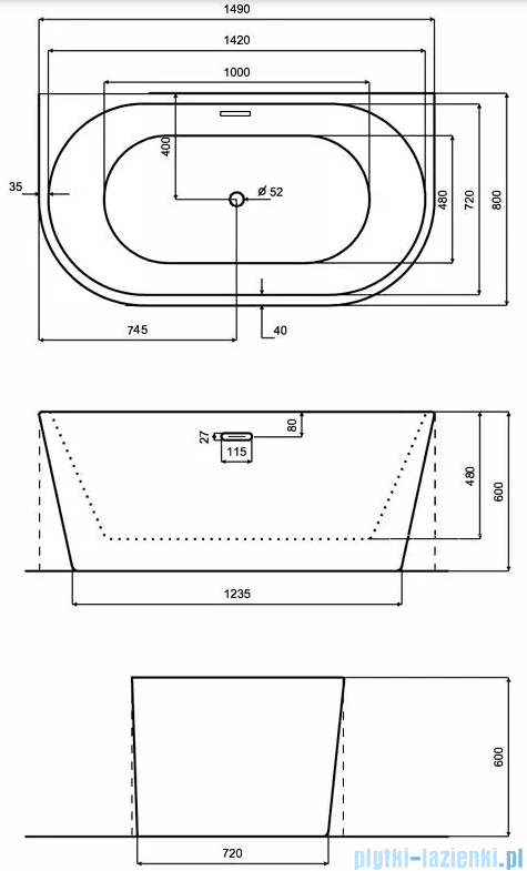 Besco Vica New wanna 170x80cm wolnostojąca przyścienna z przelewem szczelinowym slim syfon klik-klak grafit gun metal #WAS-170VNGR