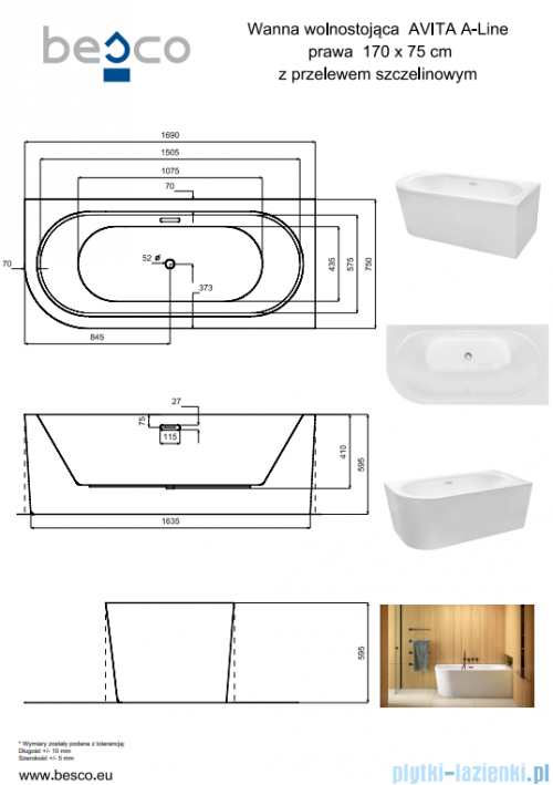 Besco Avita A-line 170x75cm wanna wolnostojąca przyścienna prawa akrylowa + syfon klik-klak złoty z przelewem slim #WAA-170APZS