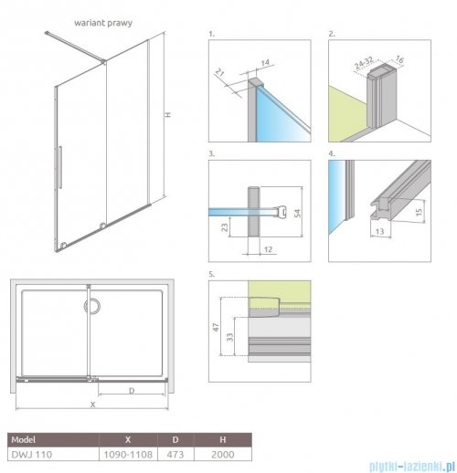 Radaway Furo DWJ drzwi prysznicowe 110cm prawe szkło przejrzyste 10107572-01-01R/10110530-01-01