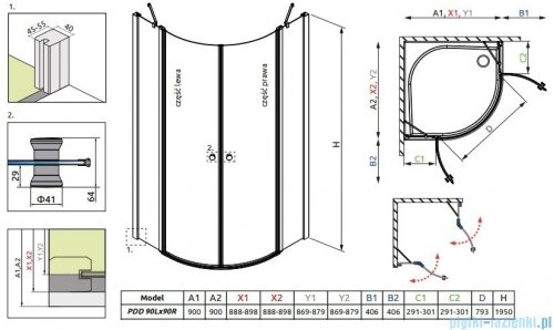 Radaway Eos II PDD kabina prysznicowa 90x90 szkło przejrzyste + brodzik Delos A + syfon 3799471-01L/3799471-01R/SDA0909-01