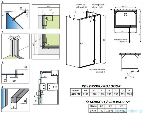 Radaway Essenza Brushed Nickel Kdj+S kabina 75x110x75cm prawa szczotkowany nikiel 1384049-01-01/1385023-91-01R/1384049-01-01