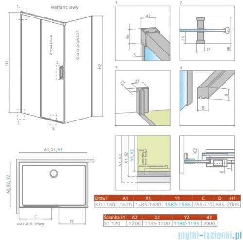 Radaway Idea Kdj Brushed Copper kabina 160x120cm lewa szczotkowana miedź 387046-93-01L/387054-93-01R