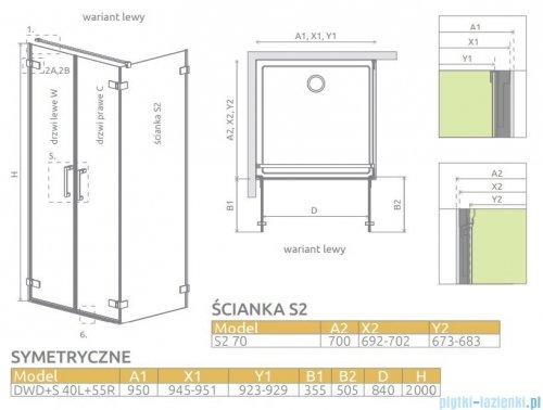 Radaway Arta Dwd+s kabina 95 (40L+55R) x70cm lewa szkło przejrzyste rysunek techniczny