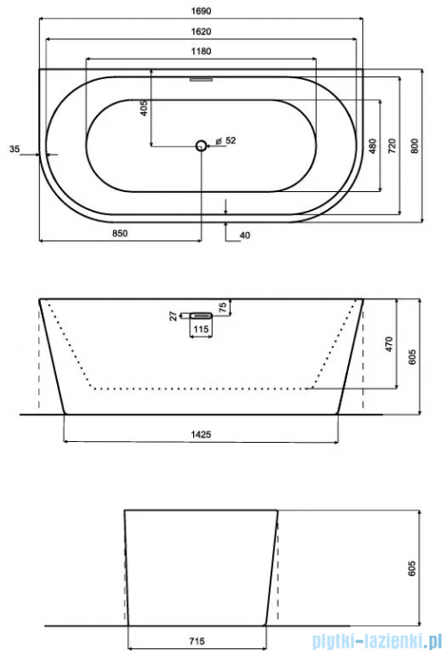 Besco Vica New wanna 170x80cm wolnostojąca przyścienna z przelewem szczelinowym slim syfon klik-klak chrom #WAS-170VN
