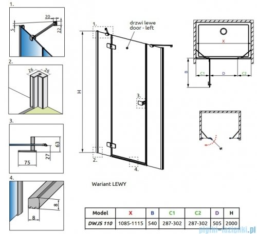 Radaway Fuenta Dwjs drzwi wnękowe 110cm lewe chrom połysk szkło przejrzyste 1384030-01-01L/1384090-01-01