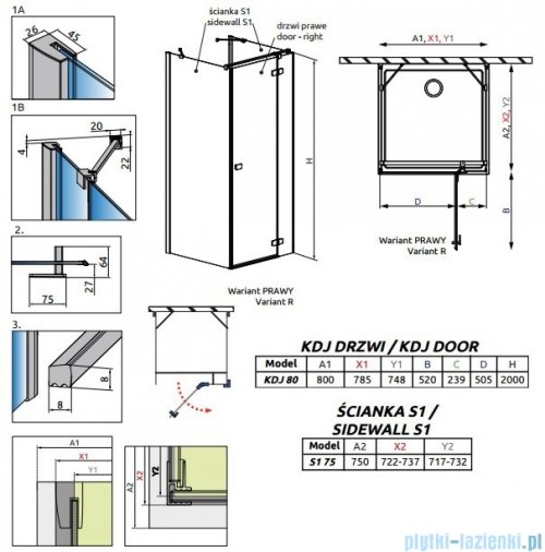 Radaway Fuenta New Kdj+S kabina 75x80x75cm prawa szkło przejrzyste 384021-01-01R/384049-01-01/384049-01-01