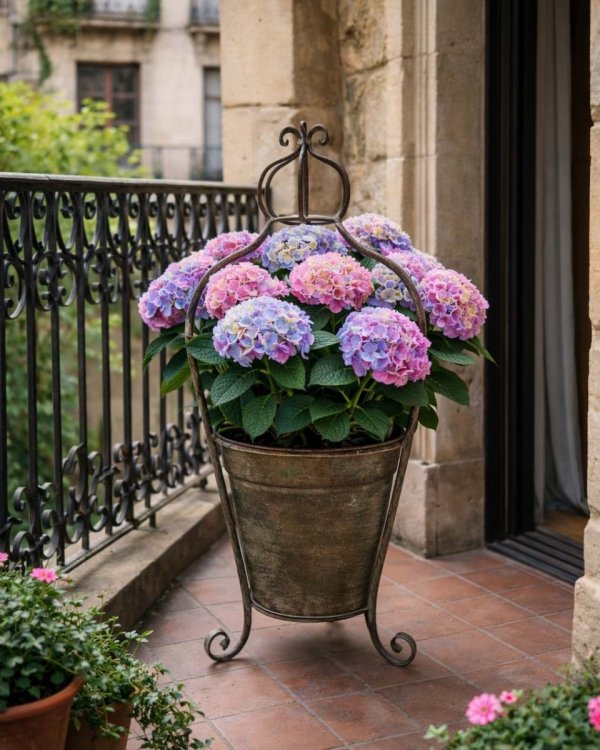 kwietnik prowansalski z hortensjami na balkonie w kamienicy