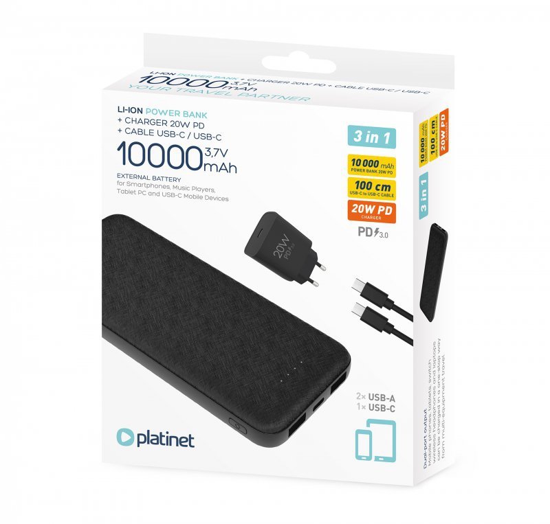 Powerbank 10000mAh + ładowarka sieciowa 230V USB-C 20W + kabel USB-C -&gt; USB-C 1m PLATINET czarny (45993)