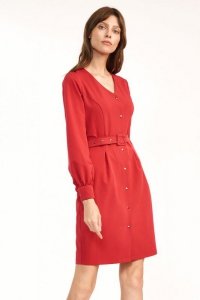 Czerwona sukienka z paskiem w talii - S188