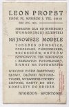 Leon PROPST. [pocztówka]. Leon Propst, Lwów, Pl. Mariacki 3 [...]. Rok zał. 1903. Magazyn dla najbardziej wymagającej klienteli!