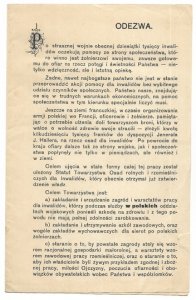 ODEZWA. Po strasznej wojnie obecnej dziesiątki tysięcy inwalidów oczekują pomocy ze strony społeczeństwa, które winno jest żołnierzowi swojemu [...] nietylko wdzięczność, ale i istotną opiekę [...]. Jeszcze na ziemi francuzkiej [...] oficerowie i żołnierz