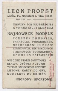 Leon PROPST. [pocztówka]. Leon Propst, Lwów, Pl. Mariacki 3 [...]. Rok zał. 1903. Magazyn dla najbardziej wymagającej klienteli!