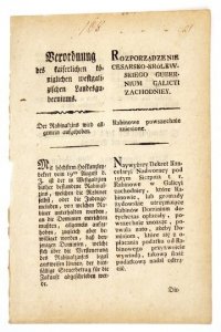 ROZPORZĄDZENIE Cesarsko-Królewskiego Gubernium Galicyi Zachodniey. Rabinowe powszechnie zniesione [...].