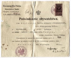 POŚWIADCZENIE obywatelstwa polskiego kolejarza Teofila Wojtowicza z Siemianowic wystawione w Katowicach dn. 27 VIII 1924 przez tamtejszego starostę.