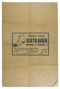 MAGAZYN obuwia Berta Rubin, Stanisławów, ul. Gosławskiego 12. Poleca wszelkiego rodzaju obuwie krajowe i zagraniczne, wielki wybór kaloszy i śniegowców. Ceny konkurencyjne. Marka Godyear Welt. [przed 1939].