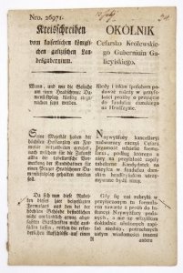 OKÓLNIK Cesarsko Królewskiego Gubernium Galicyiskiego. Kiedy i iakim sposobem podawać należy w przyszłości proźby o przyięcie do funduszu damskiego na Hradszynie [...].