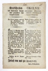 OKOLNIK Cesarsko-Królewskiego Gubernium Galicyiskiego. Miasto Kraków uwalnia się z pod taxy stemplowey na krochmal i puder od I-go Listopada b. r.