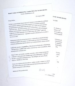[SCHARF Rafael]. Dwa listy (wydruki komputerowe odręcznie podpisane) Rafaela Scharfa do niewymienionego z nazwiska Henryka Voglera, dat. 6 VII i 23 VIII 2000 w Londynie. 