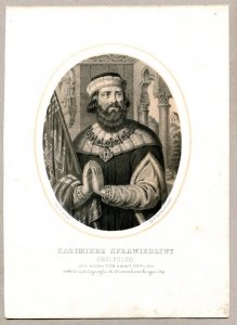 Kazimierz Sprawiedliwy - Król Polski - litografia. [Rys. Aleksander Lesser. Litografował H.Aschenbrenner]