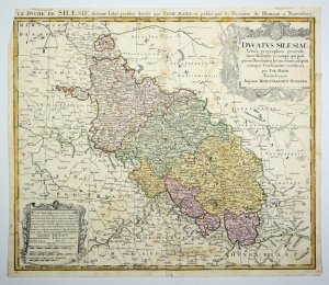 [ŚLĄSK]. Dvcatvs Silesiae Tabula geographica generalis, statui hodierno, ei nempe qui post pacem Dresdensem locum obtinet, adaptata, iustaque Graduatione rectificata. Miedzioryt kolorowany form. 45,5x54,3 cm.
