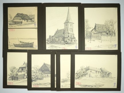 [PRUSY Wschodnie]. T. Hofmann z Kassel - Zbiór 15 odręcznych rysunków dokumentujących zabudowania wiejskie Prus Wschodnich z 1897.