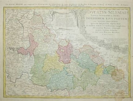 Haas Johann Matthias - {Mapa Dolnego Śląska Spadkobierców Homanna z 1745 r.}: Dvcatvs Silesiae tabvla geographica prima, inferiorem eivs partem, seu novem principatvs, quorum insignia hic adjecta sunt, secundum statum recentissimum complectens. Ad mentem 