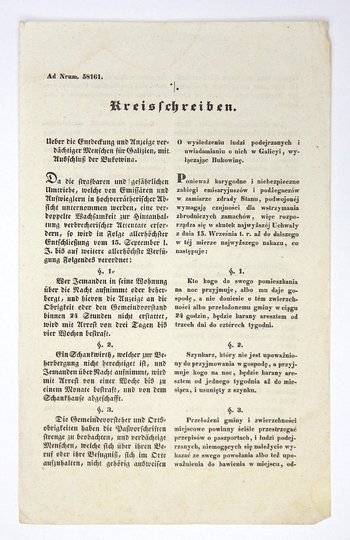 KREISSCHREIBEN des k.k.galizischen Landesguberniums. O wyśledzeniu ludzi podejrzanych i uwiadamianiu o nich [...]. Lwów, 6 X 1846.