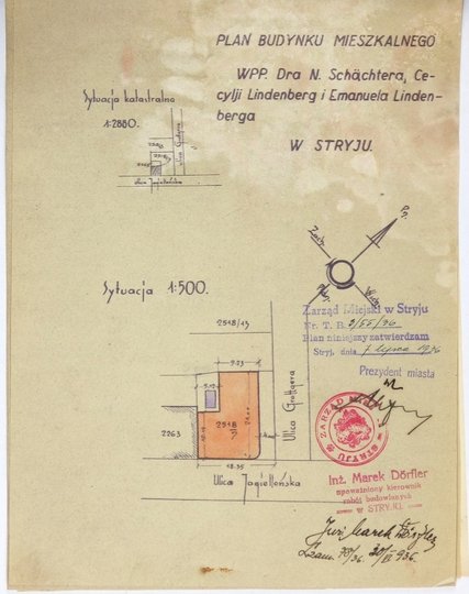 [STRYJ]. Plan budynku mieszkalnego WPP. Dra N. Schächtera, Cecylji Lindenberg i Emanuela Lindenberga w Stryju. 1936.