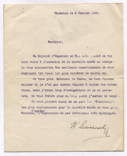 [LEDÓCHOWSKI Włodzimierz]. List maszynopisowy Włodzimierza Ledóchowskiego, z jego własnoręcznym podpisem, do niewymienionego z nazwiska barona, dat. 5 I 1921, zapewne w Szwajcarii.