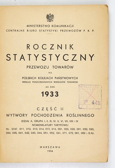 ROCZNIK statystyczny przewozu towarów na Polskich Kolejach Państwowych za rok 1933. Cz. 2: Wytwory pochodzenia roślinnego [...]