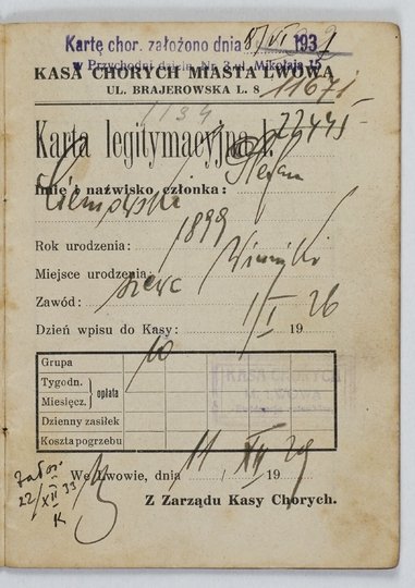 LEGITYMACJA członka Kasy Chorych Miasta Lwowa wydana szewcowi Stefanowi Cieniowskiemu dn. 11 XII 1929 we Lwowie.