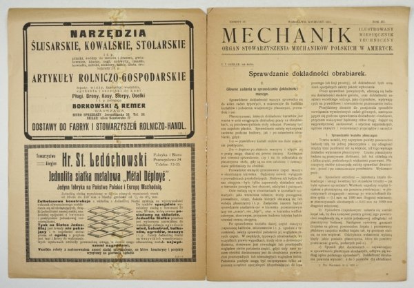 MECHANIK. Ilustrowany miesięcznik techniczny. Organ Stowarzyszenia Mechaników Polskich w Ameryce. Red. Jan Komarnicki.{|br /|}R. 3, z. 4: IV 1921