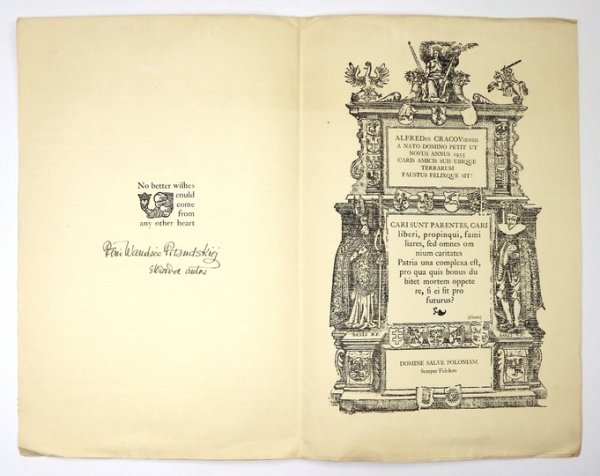 [ŻYCZENIA świąteczne bibliofilskie]. Życzenia bożonarodzeniowe i noworoczne na rok 1955, wydane przez Alfreda Holińskiego w Londynie (Pani Wandzie Piłsudskiej składa autor)