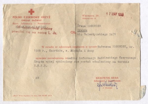[ZBRODNIA katyńska]. Pismo Biura Informacji i Poszukiwań PCK informujące, że Tadeusz Kocowicz ur. w Czortkowie, wg danych radzieckiego Czerwonego Krzyża, nie został odnaleziony na terenie ZSRR, dat. 17 XI 1959 w Warszawie.