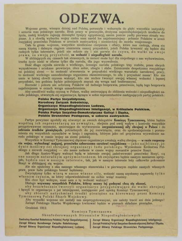 Odezwa. Wojenna groza, wisząca dzisiaj nad Polską, poruszyła i wzburzyła do głębi wszystkie instynkty i uczucia mas polskiego narodu. Brak pracy w przemyśle, drożyzna najniezbędniejszych środków do życia [...] rujnują dziesiątki tysięcy egzystencyj...